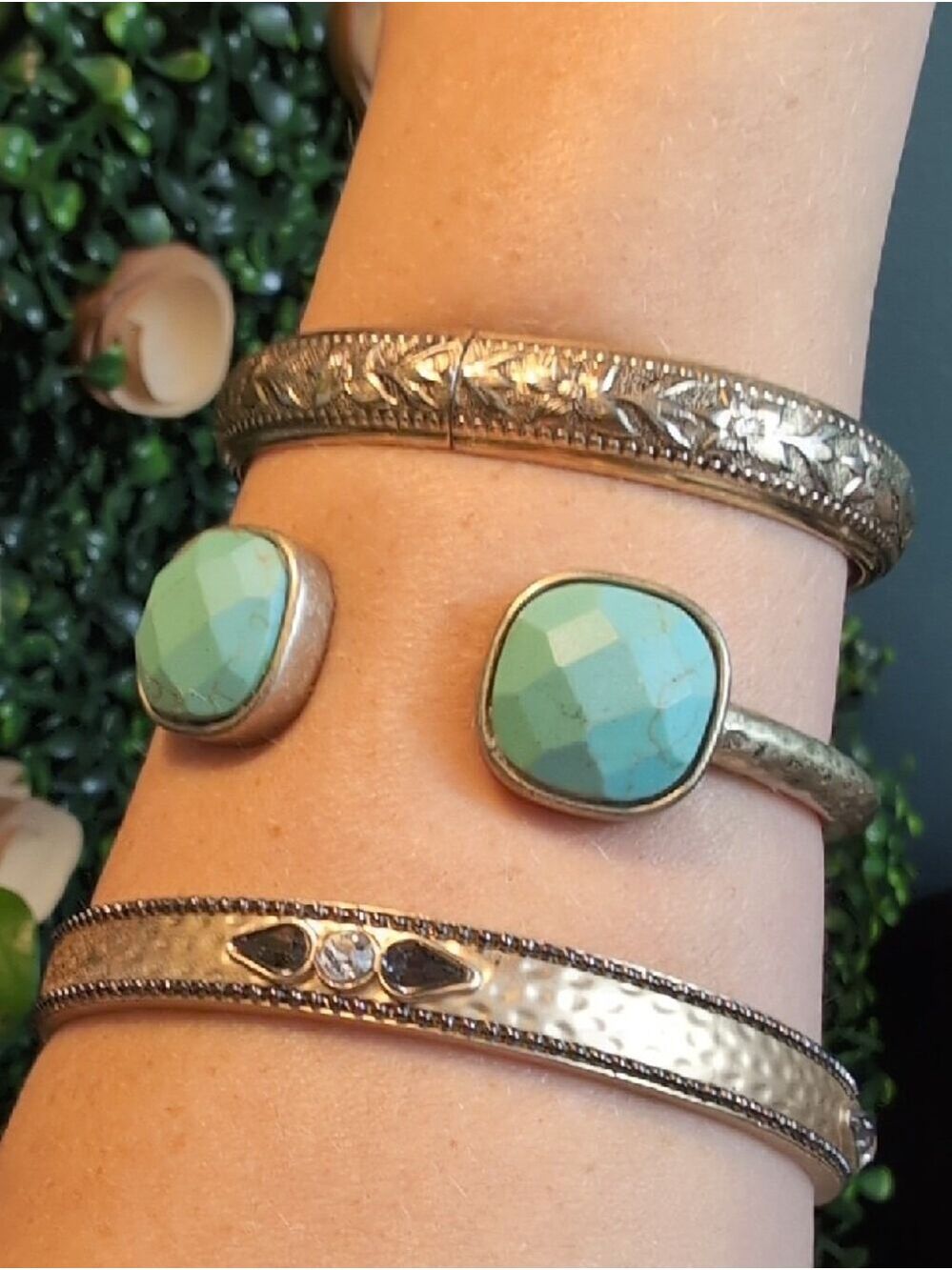 Floral, Hammered & Turquoise Brushed Gold Bracelet Trio